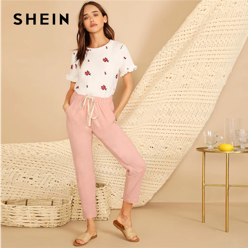 SHEIN Футболка С Цветочной Вышивкой И Оборками Весенняя Современная Женская Футболка С Круглым Вырезом