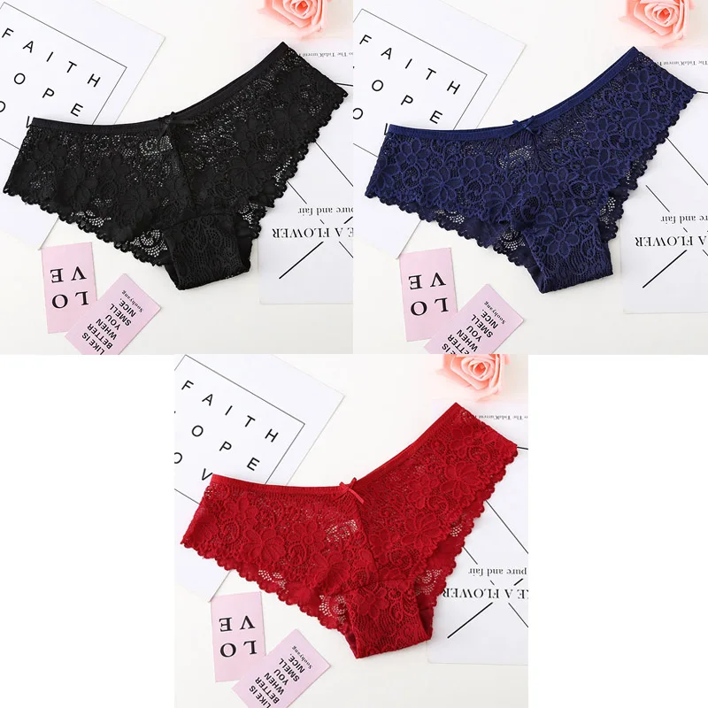 black blue red 3 шт., трусы для женщин, нижнее белье, сексуальные кружевные дышащие женские трусики, прозрачные трусы, сексуальное нижнее белье для женщин, M-XXL BANNIROU - Цвет: black blue red