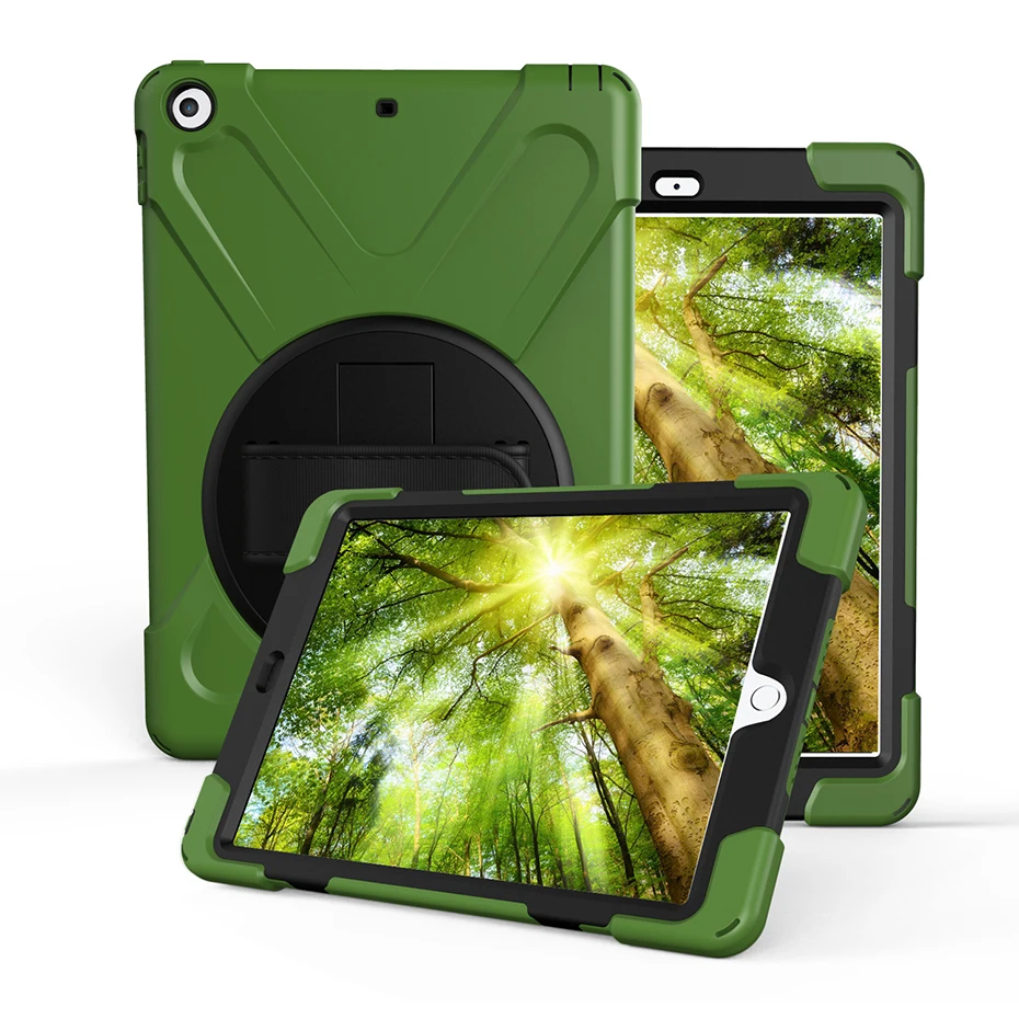 Pad2018 Army Green 360 Вращающаяся подставка чехол для iPad 9,7 дюймов с ручным ремешком Броня защитный ударопрочный полный защитный чехол - Цвет: Pad2018 Army Green