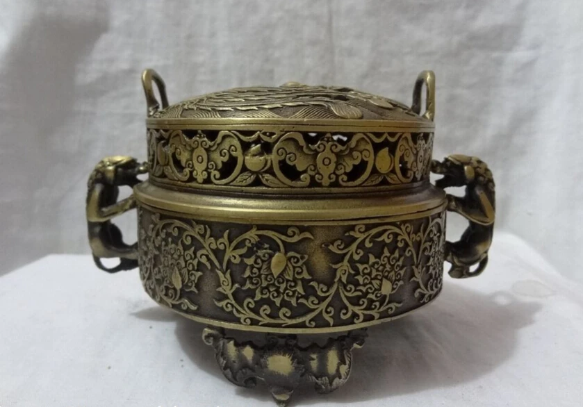 SCY S2496 Тибет Бронзовый Феникс Дракона Статуя Единорог Глава Цветок Курильница