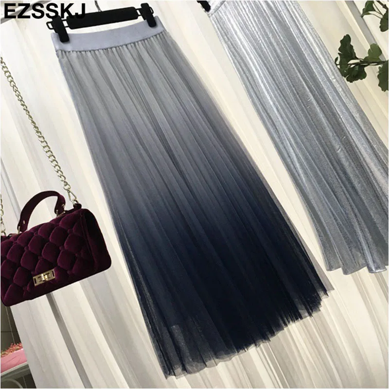 Женская длинная Плиссированная юбка элегантная трапециевидная из тюля с