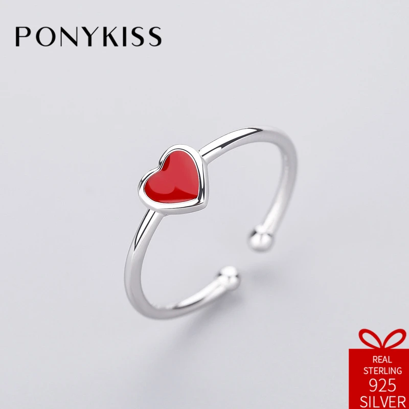 PONYKISS, романтическое, 925 пробы, серебряное, красное, сердце, открытие, изменяемое, креативное кольцо, ювелирное изделие для женщин, день рождения, годовщина