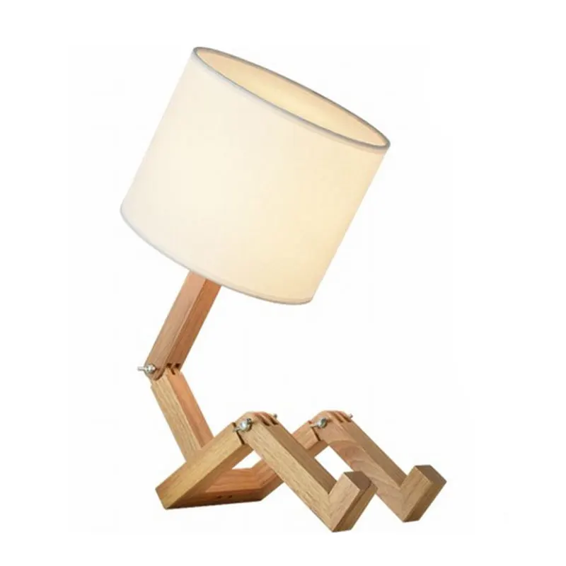 

Modern Simple Create Bedroom Beside Robot Table Lamps Study Room Desk Wood Lighting Decoration Fabric Shade Robot Table Lighting