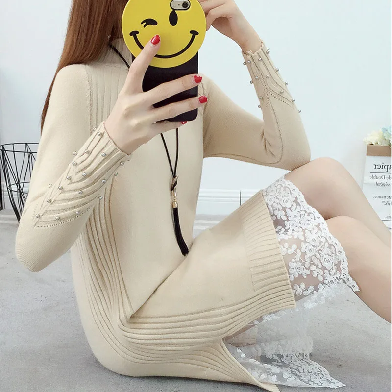 Женский свитер с длинным кружевным капюшоном свободный высоким воротником