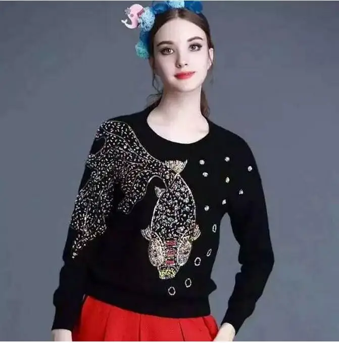2020 Luxury Runway New Fashion Blue Heavy Embroidery Flowers Sweater Crystals Beading Knitwear Women Sweaters Pullover AW360 | Женская