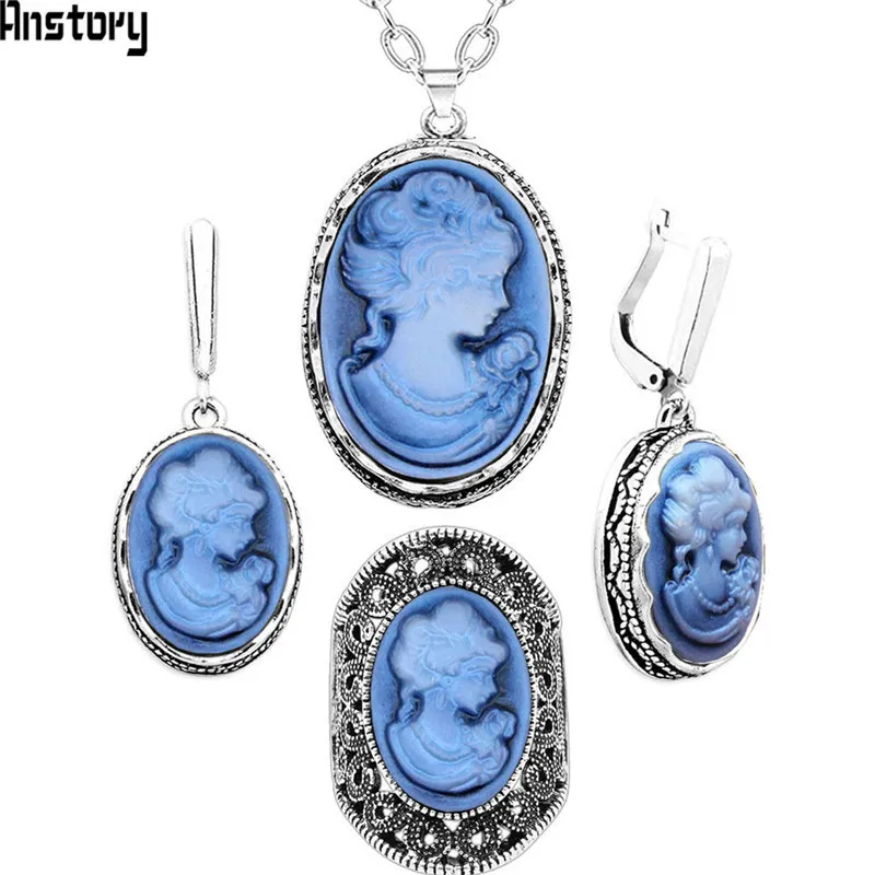 Necklace set Lady Queen Cameo Jewelry Sets Vintage Necklace Earrings Ring For Women Flower Pendant Fashion Party Fashion Jewelry - Окраска металла: Necklace set