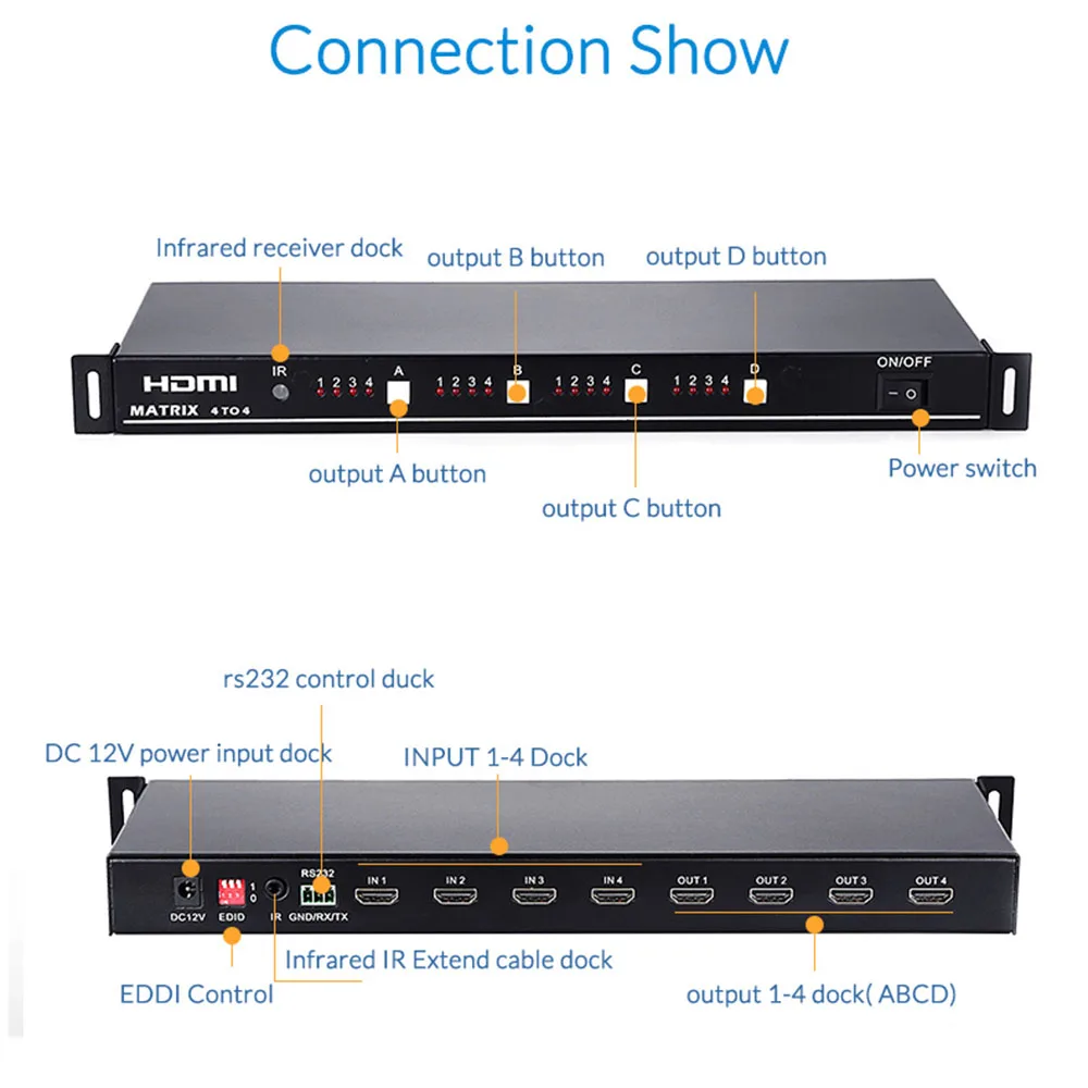 Unnlink HDMI 2,0 Matrix 4x4 UHD4K@ 60 Гц 1080@ 60 Гц разветвитель переключателя 4 входа 4 выхода матрица с RS232 ИК-пульт дистанционного управления для ТВ ps4