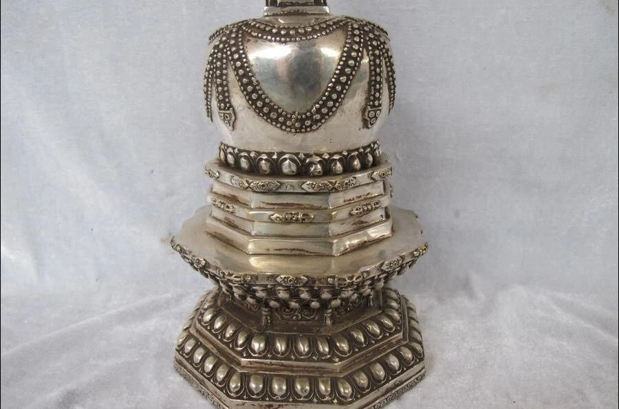 14&quotTibet Silver carved Buddhism Classic Temple Pagoda Stupa statue | Дом и сад