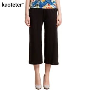 Брюки женские, из 50% шелка и 50% льна, широкие, свободные, черные, трикотажные, длиной до середины икры