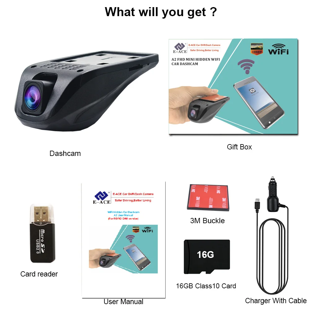 E-ACE Автомобильный видеорегистратор Камера с WiFi NTK 96658 Full HD 1080P Авто регистраторы