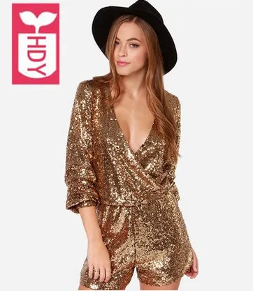 Шикарные блестящие золотые блестки 2018 глубокий v образный вырез шорты для