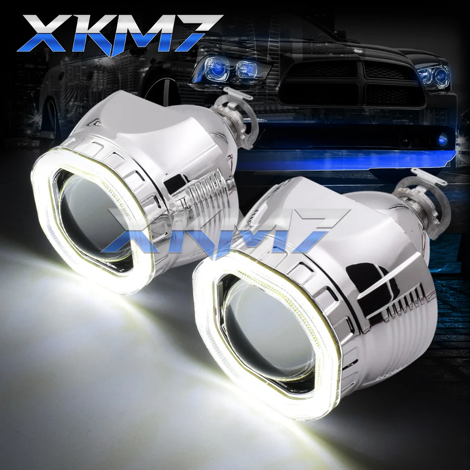 XKM7 Angel Eyes Car Lens In The Headlight 2.5'' Bi-xenon H4 H7 Projector H1 HID LED Light Square COB Halos Accessories Retrofit