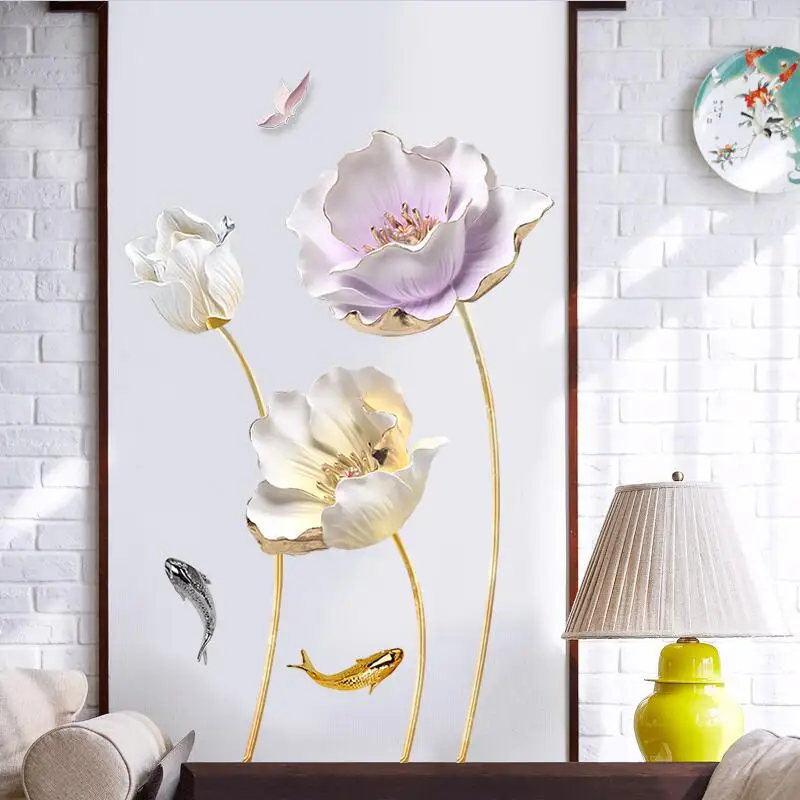 Style B Изящный китайский стиль цветок рыба 3D обои наклейки на стену для гостиной спальни ванной DIY домашний декор плакат - Цвет: Style B