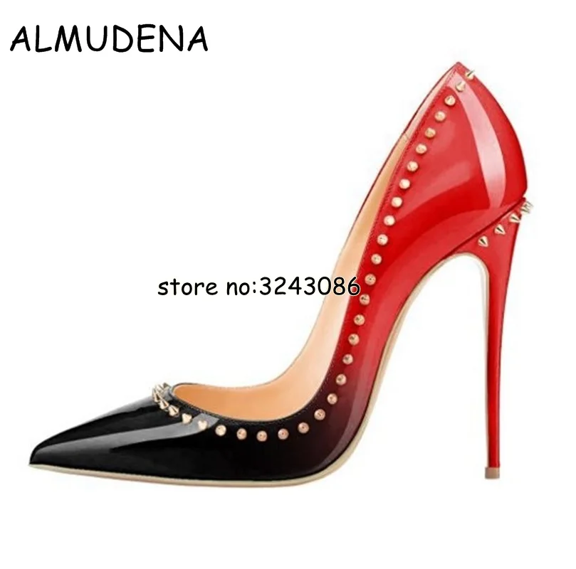 

New Shoes Spike Heels Black Patent Leather Stiletto Pumps Shoes Rivets Studs Lady Thin High Heels Shoes Party Dress Shoes Woman