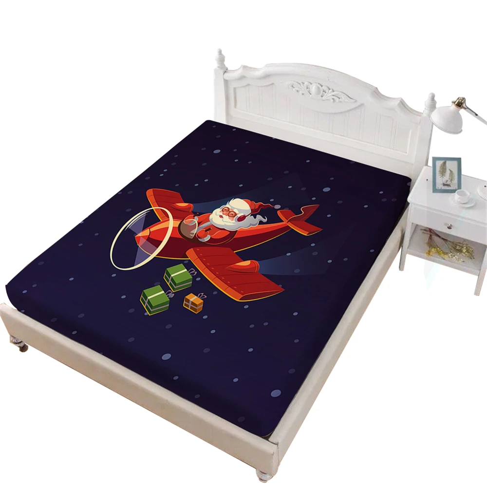Merry Christmas Простыня Кровать Мультфильм Санта Клаус самолет печать простыня снег ночь постельное белье матрас чехол домашний текстиль D30