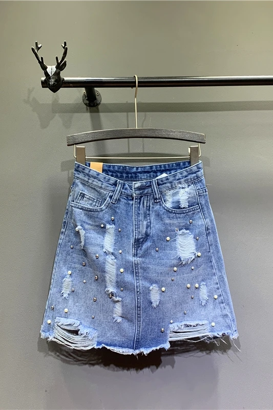 

2019 Women Fashion Skirt Cotton Denim Hole Above Knee Mini Length A-Line Spring Summer Solid Empire Waist Preppy Style