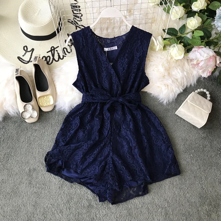 2019 Новая мода женщин комбинезон широкие ноги кружева ажурные тонкий v образным