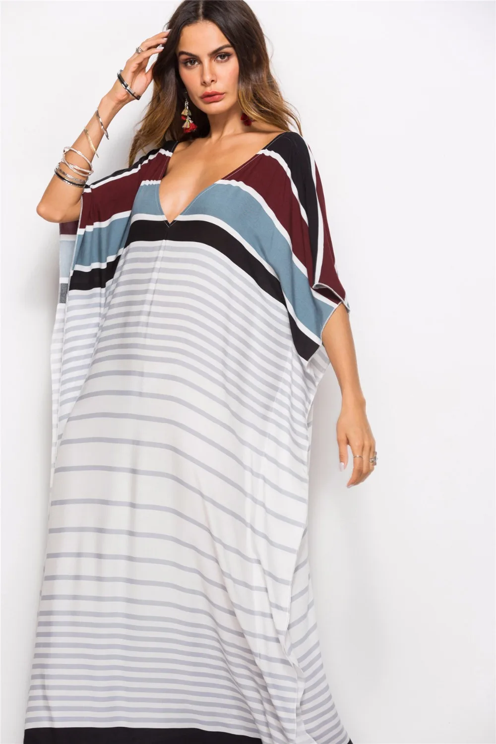BOHOFREE Arabian Style Striped Kaftan Oversized Loose Long Gown Street Fashion Maxi Robe Hippie Dress Women Beach Dresses | Женская