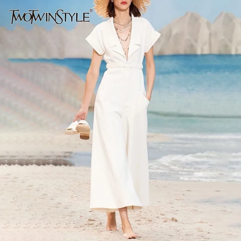 TWOTWINSTYLE уличная одежда Комбинезоны для женщин воротник с лацканами короткий рукав большой размер высокая талия широкие брюки для женщин Мода