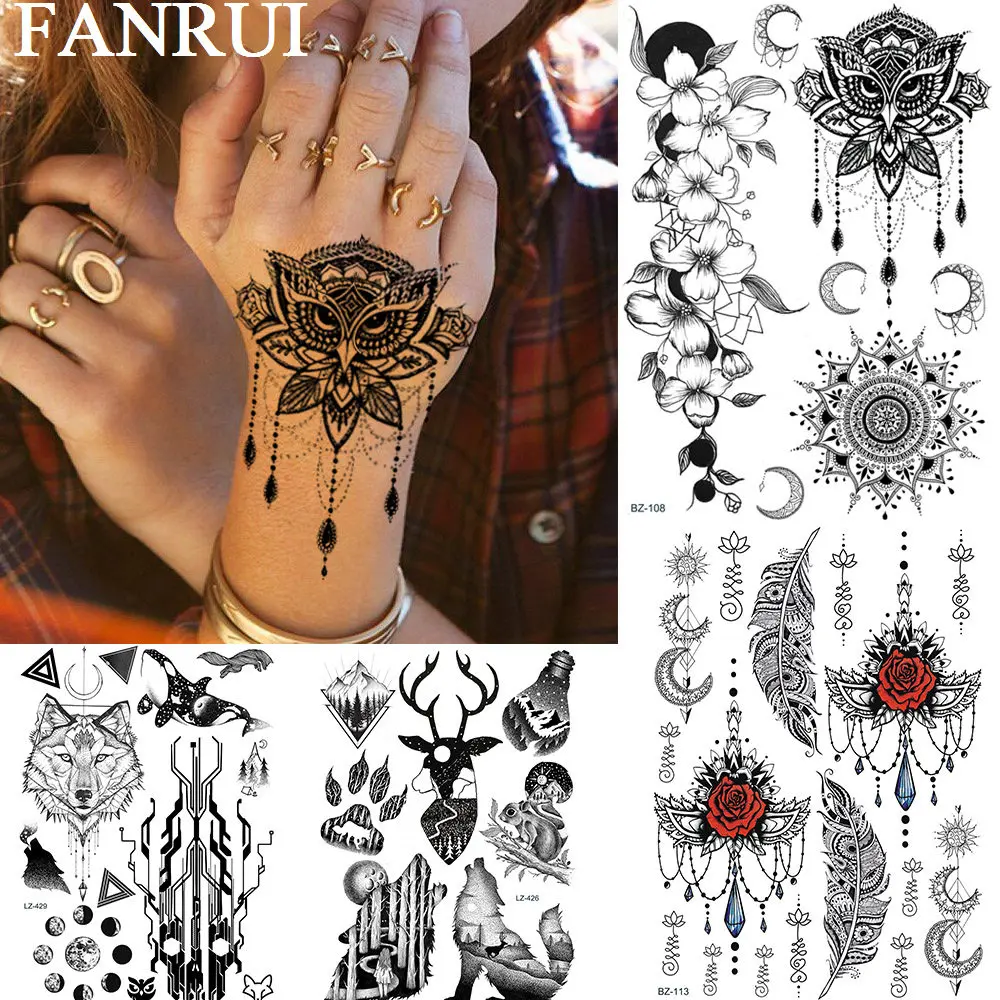 FANRUI Black Owl Women Henna Tattoos Temporary Body Arm Art Fake Tattoo Sticker Waterproof Lotus Flower Chain Pendant Tattoo DIY
FANRUI Black Owl Women Henna Tattoos Temporary Body Arm Art Fake Tattoo Sticker Waterproof Lotus Flower Chain Pendant Tattoo DIY