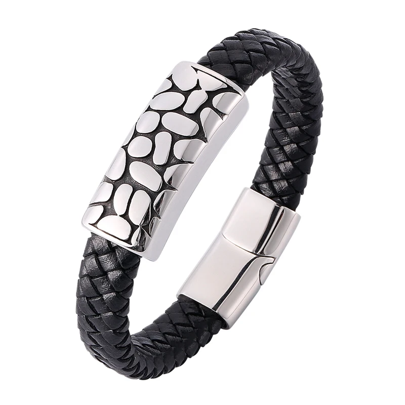 

2019 Men Jewelry Punk Black Braided Leather Bracelet Chain Stainless Steel Magnetic Buckle Fashion Bangles Male Wrist Band PW802