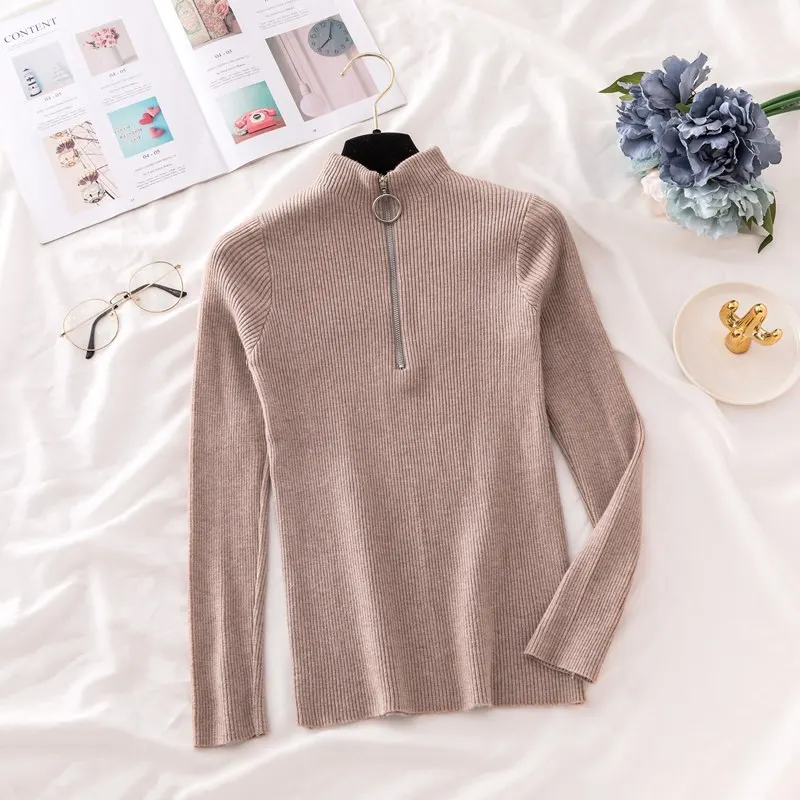 Zipper Sweater Women Turtleneck Solid spring autumn female Knitted sweater Pullovers long Sleeve chic Soft Jumper top | Женская одежда