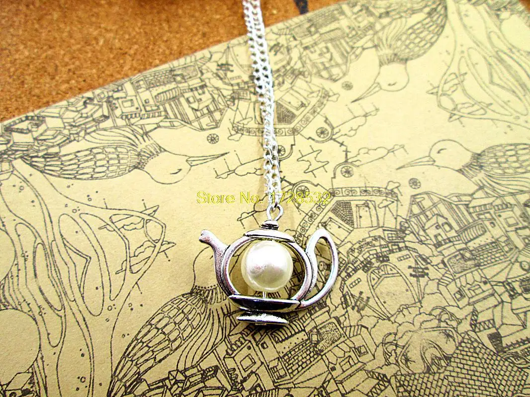 SUPER SALE Tea Time kitsch tea pot necklace with pearl vintage style brass Alice in Wonderland inspired Necklace | Украшения и