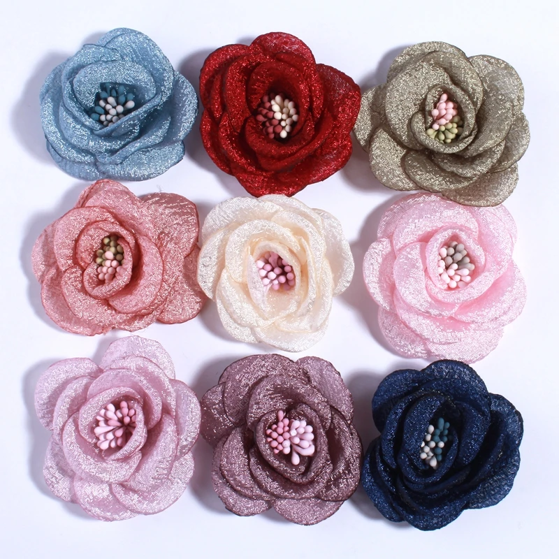 50PCS 5CM New Artificial Bling Burned Peony Flower For Hair Clips Sparkling Fabric Rose Flower With With Stamen U Pick Color