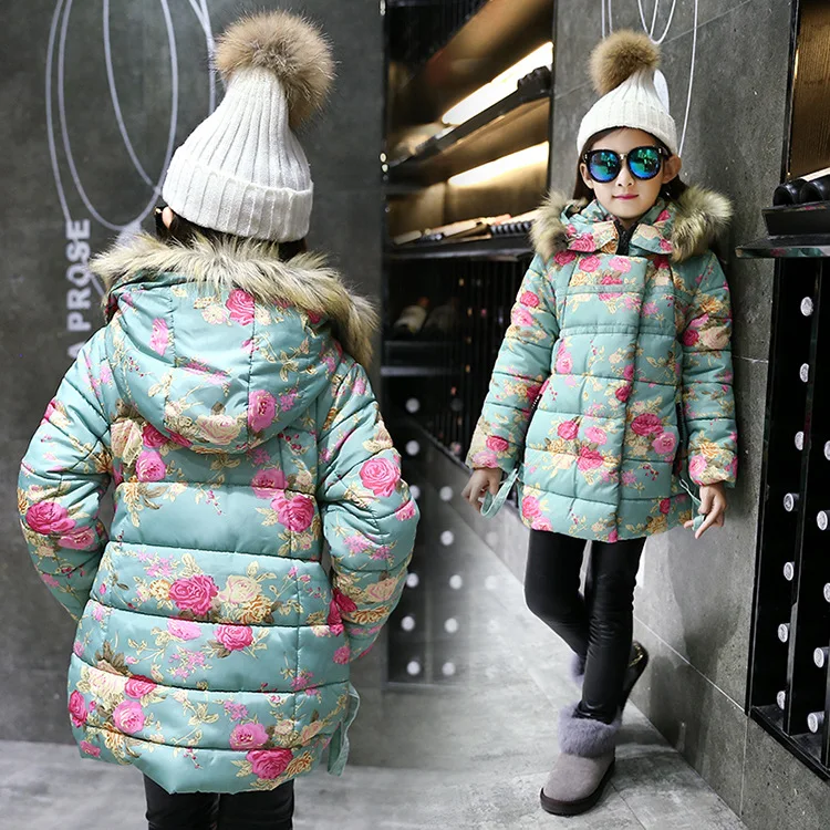 Teenage Girls Winter Jackets And Coats Warm Faux Fur Hooded Thick Cotton-padded Flower Clothes For Children 6-12Y SY |