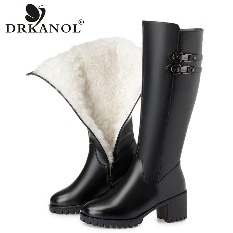 

DRKANOL Big Size 35-43 Winter Boots Women Wool Warm Thick Heel Knee High Boots Genuine Leather Round Toe High Heel Women Boots