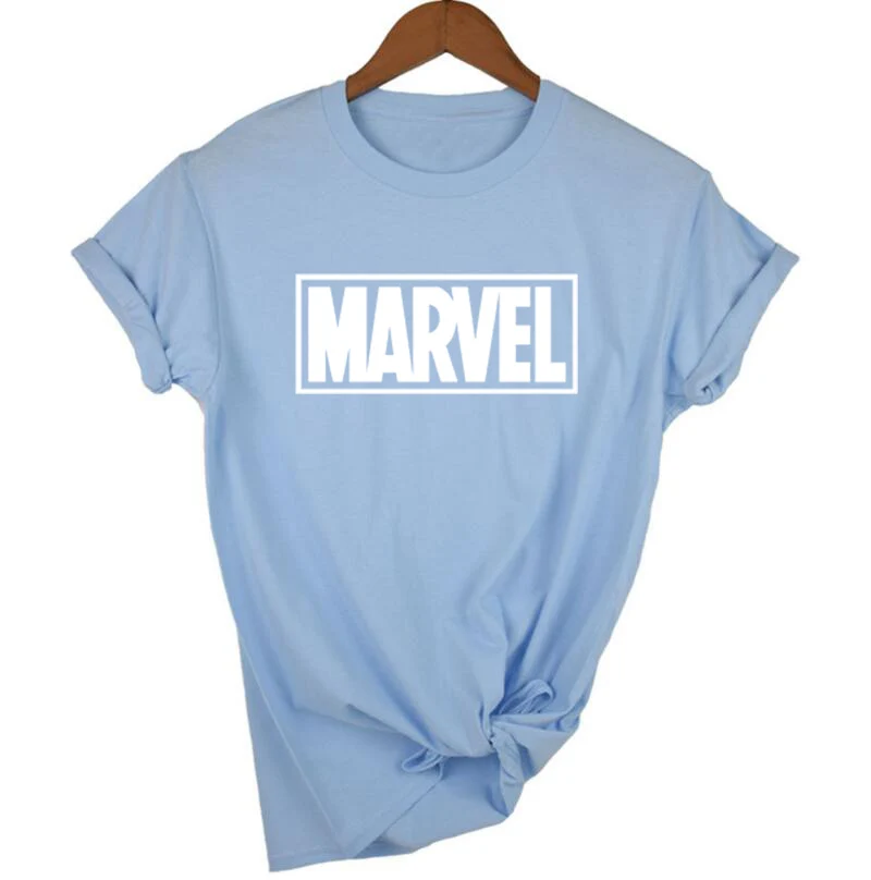 Light blue Летняя футболка с надписью MARVEL, Женская Повседневная футболка с коротким рукавом, женские топы размера плюс, Забавные футболки - Цвет: Light blue