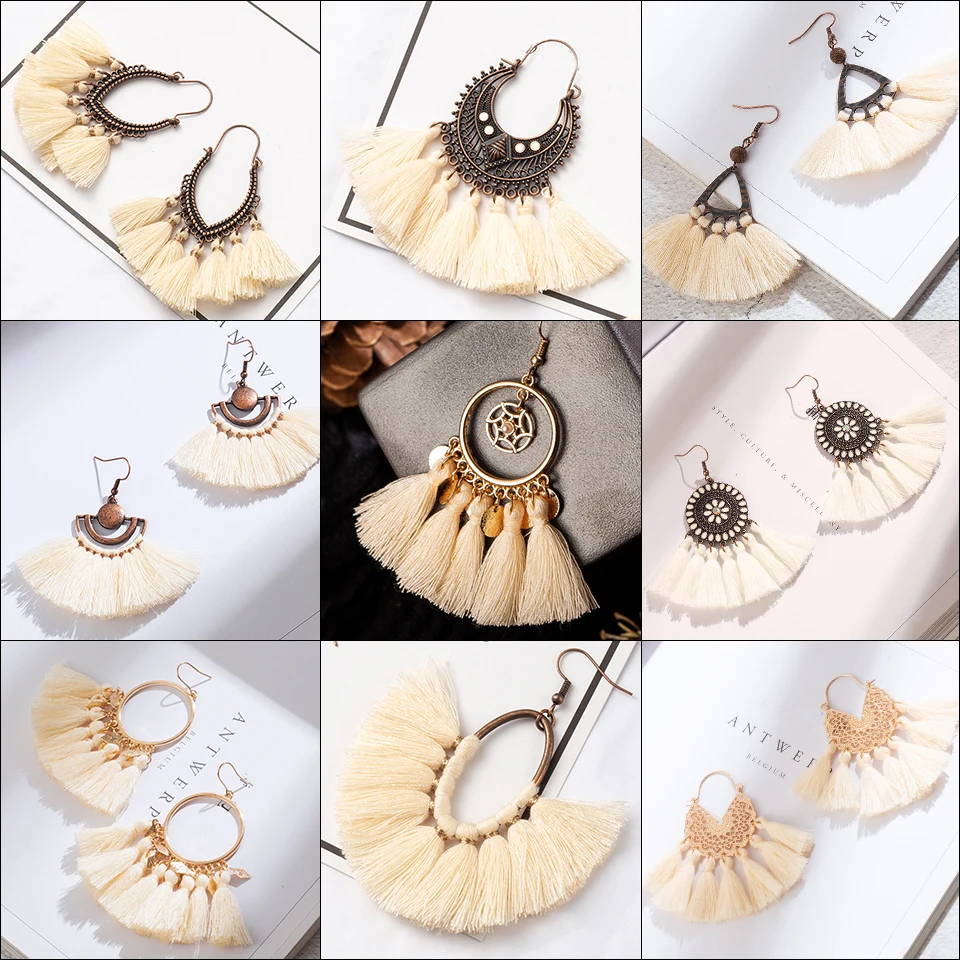 

Bohemian Tassel Earrings For Women Long Creamy White Fringe Statement Geometric Dangle Earrings Fashion Trendy Vintage Jewelry
