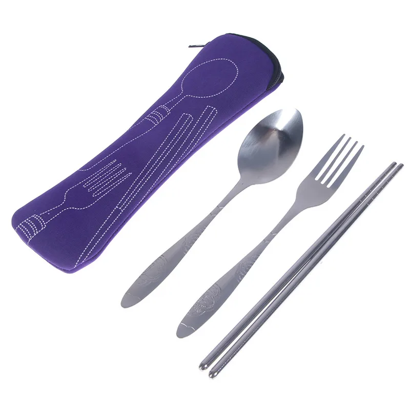 3PCS purple Столовая посуда из нержавеющей стали наборы походная посуда набор столовых приборов с тканевой сумкой столовые приборы - Цвет: 3PCS purple