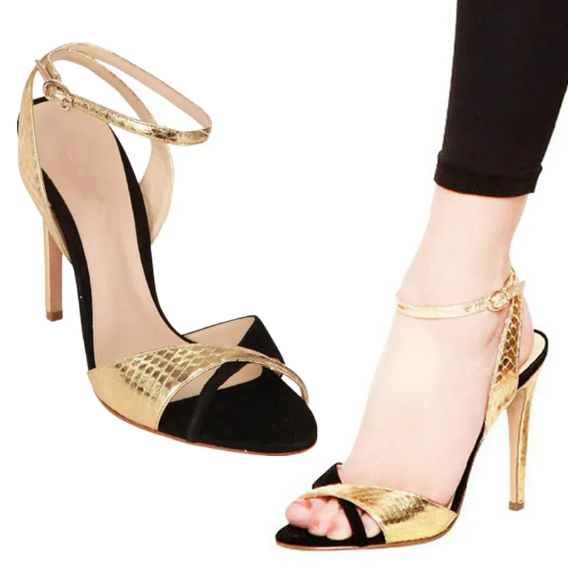 Золото Черный Тиснением Змея Pattern Кожа Сандалии Пряжки Ремень Элегантный Стилет