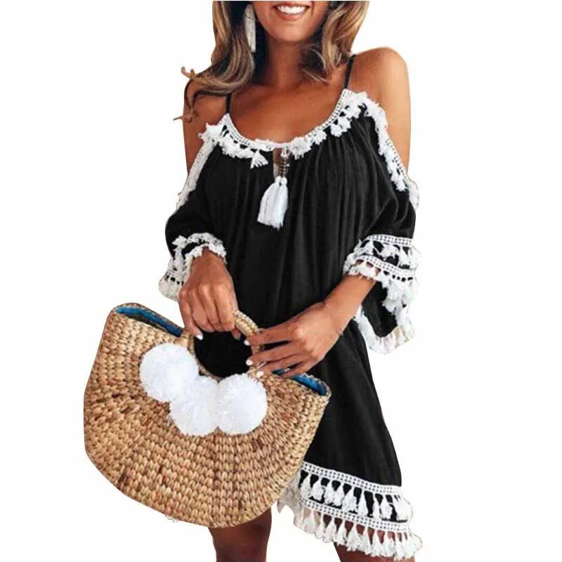 2019 Summer Women Short Dress Off Shoulder Party Tassel Bohemian Fashion Ethnic Style Beach Dresses | Женская одежда