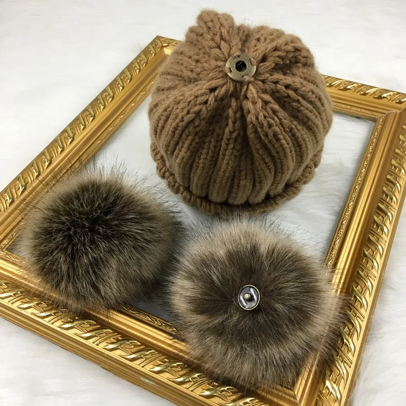 

Winter Striped Knitted Beanies Caps Adult Kids Fluffy Pompom Knit Hats Curled Detachable Hairy ball Skullies Cap