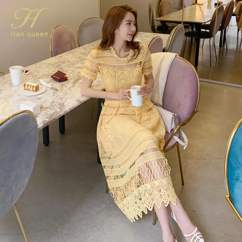 Yellow H Han queen/летнее кружевное платье трапециевидной формы с вырезами для женщин; коллекция года; длинное платье для праздников и праздников; повседневное милое однотонное платье - Цвет: Yellow