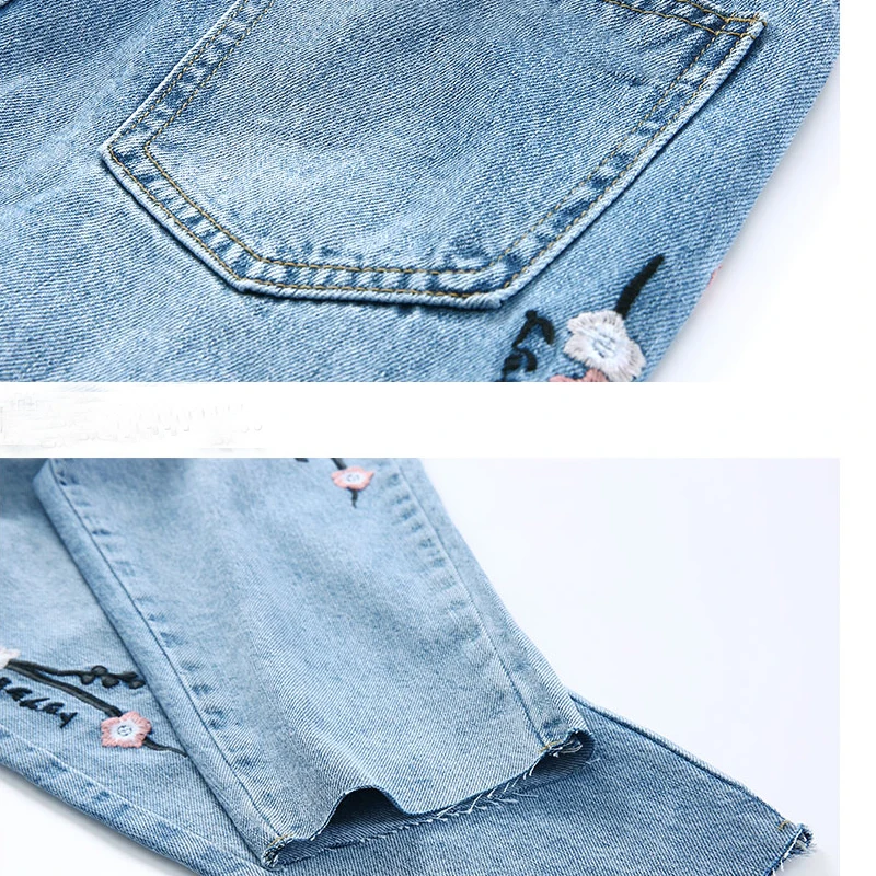 Spring Flower Embroidery Denim Jeans For Women Straight Plus Size Long Pants Natural Waist Ladies Trousers Casual A-027 |