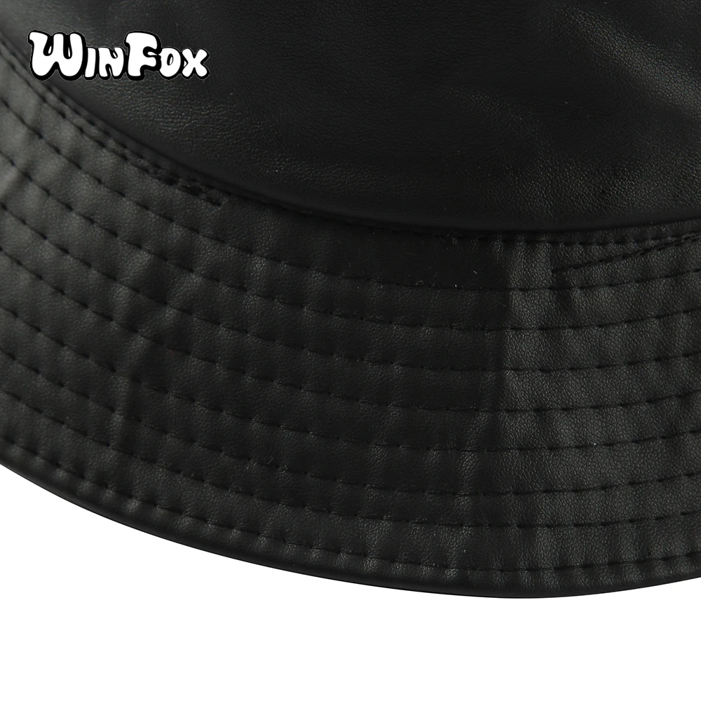 Winfox модные черные ПУ кожаные кепки в стиле хип хоп ведро шляпы для мужчин и женщин