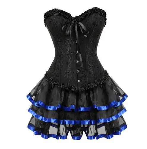 sexy corsets for women plus size party costume overbust burlesque corset and skirt set tutu corselet victorian fashion gowns - Цвет: Синий