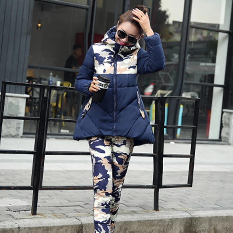 2017 женские зимние теплые комплекты из 2 предметов (топ + штаны) Хлопковое Стеганое