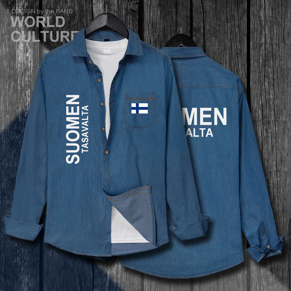 

Finland FIN FI Suomi Finnish Finn FI Men Nation Flag Clothes Autumn New Cotton Long Sleeve Cowboy Turn-down Collar Jeans Shirt