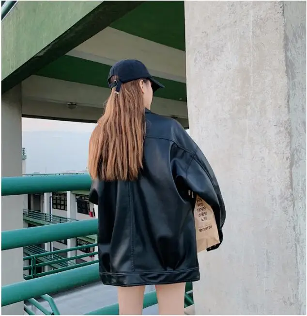 S-XL!Spring and autumn new men's lapel zipper motorcycle leather jacket hip hop couple loose shoulder jacket