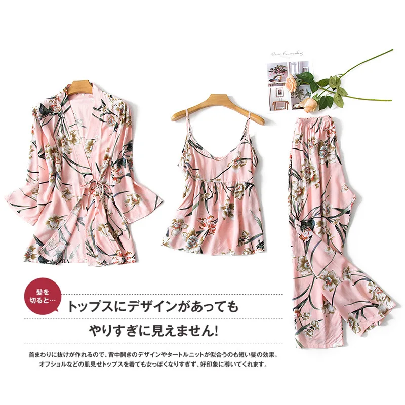 

Sexy Nightgown For Women Cotton Long-Sleeved Summer Sexy Sling Three-Piece Fresh Ladies Japanese Kimono Suit Home Service