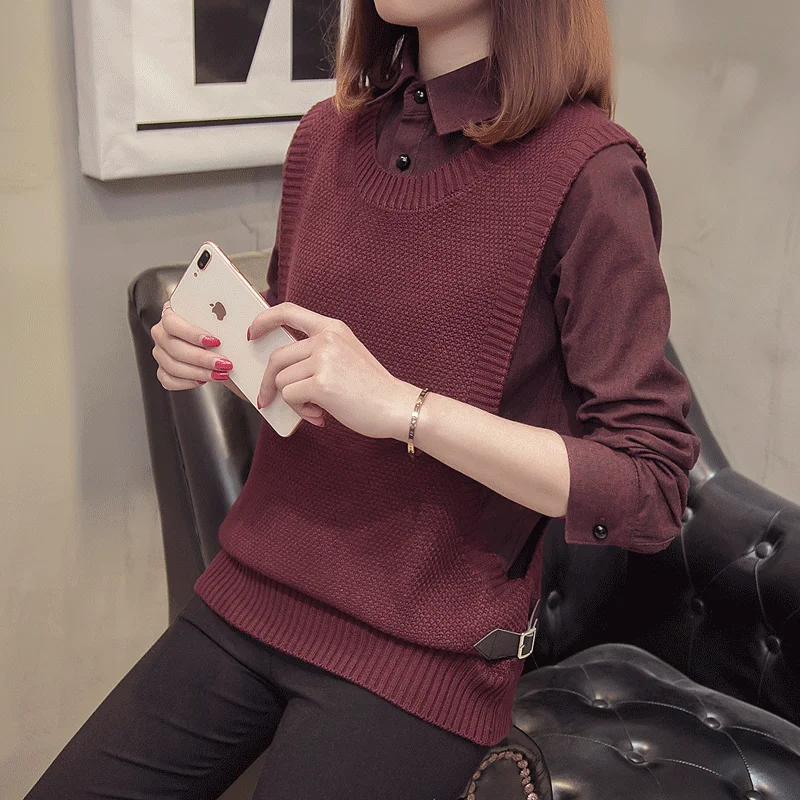 Autumn Winter New Women Fashion Sweater Shirt and Knitted Vest Fake Two Pieces Sweaters Black Khaki Gray Burgundy Green Tops | Женская