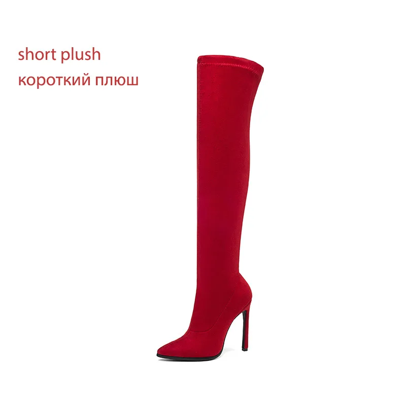 WETKISS/леопардовые эластичные флоковые сапоги на шпильке; женские высокие сапоги до бедра; женская обувь для вечеринок; Женская эластичная обувь; зимняя обувь - Цвет: red thin fur