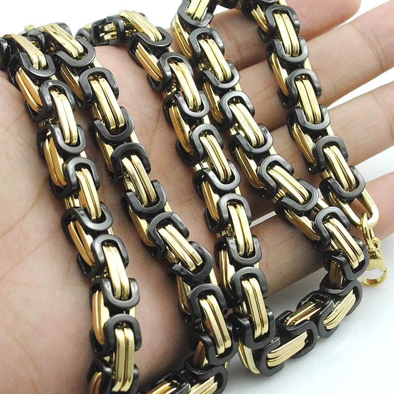 Gold x Black AMUMIU 8 мм Золотой тон плоский византийский ожерелье Мужская цепочка из нержавеющей стали цена Персонализированные ювелирные изделия KN022A - Окраска металла: Gold x Black