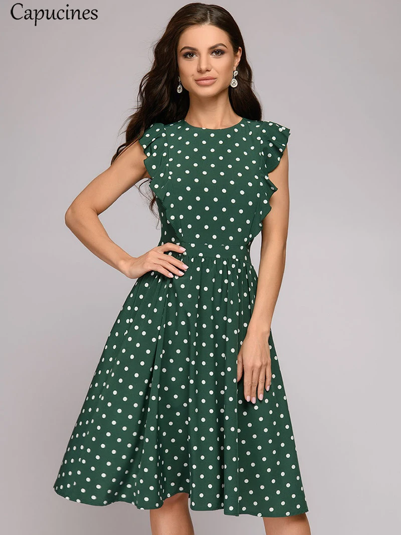 Capucines Summer Boho Floral Print Ruffle Trim A-Line Dress Women Cap Sleeve O-Neck Casual Dress Ladies Office Work Wear