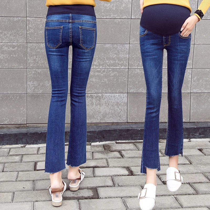 Goaryunve 2019 Spring New Pregnant Women Trousers Bootleg Tassel Hem Ankle-length Abdominal Pants Maternity Jeans with Pockets | Мать и