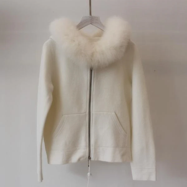 classic real fox fur hooded collar women fashion zip-up sweatshirts coat wool rabbit hair blend knitted one size